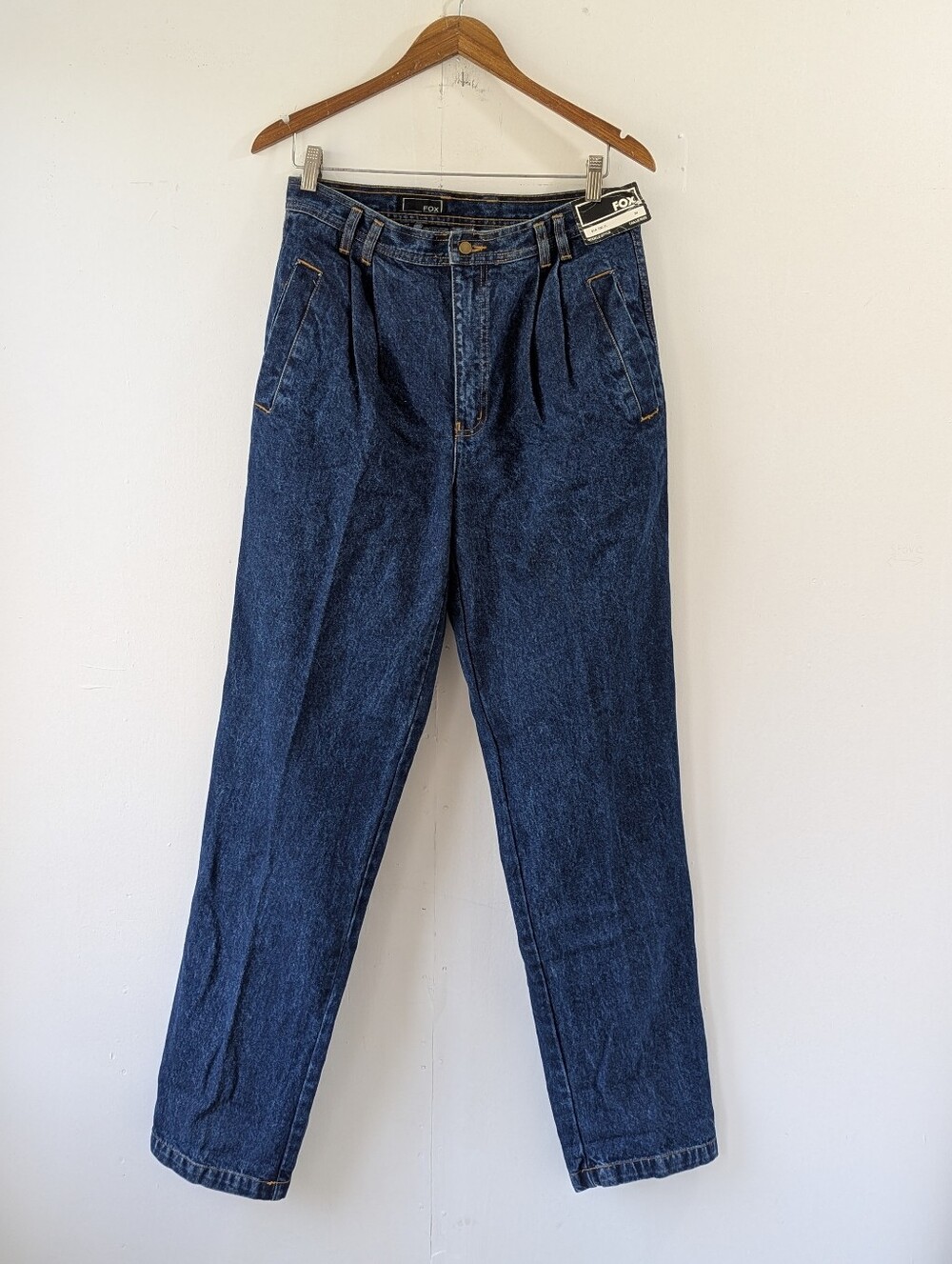 Vintage FOX Blue Denim Pleated Jeans with Contrast Stitching NWT Fits 29